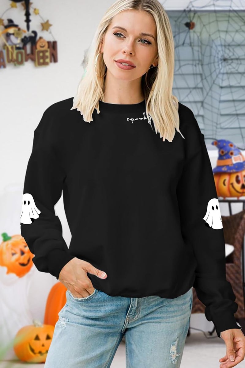 Holoholo Halloween Sweatshirts Women Spooky Season Shirt Funny Ghost Graphic Halloween Shirts Long Sleeve Pullover Tops Black - Image 3